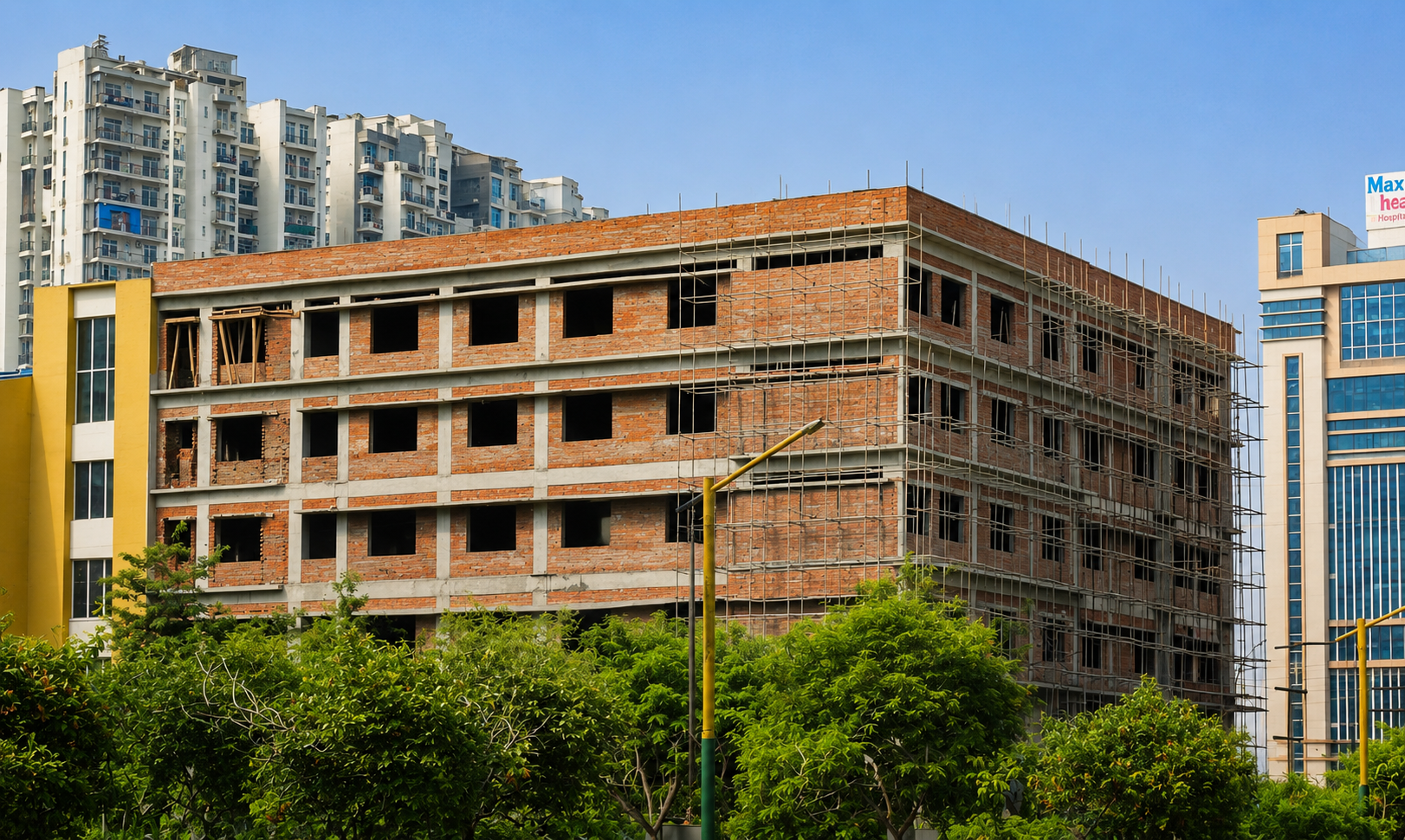 School block during construction with RCC frame, masonry and scaffolding