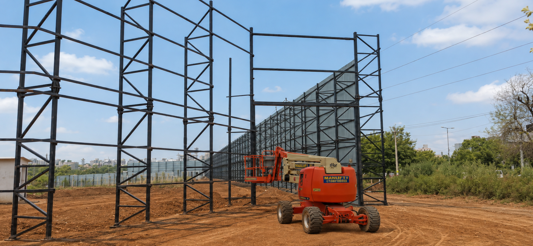 Structural steel frames and manlift during barricading installation