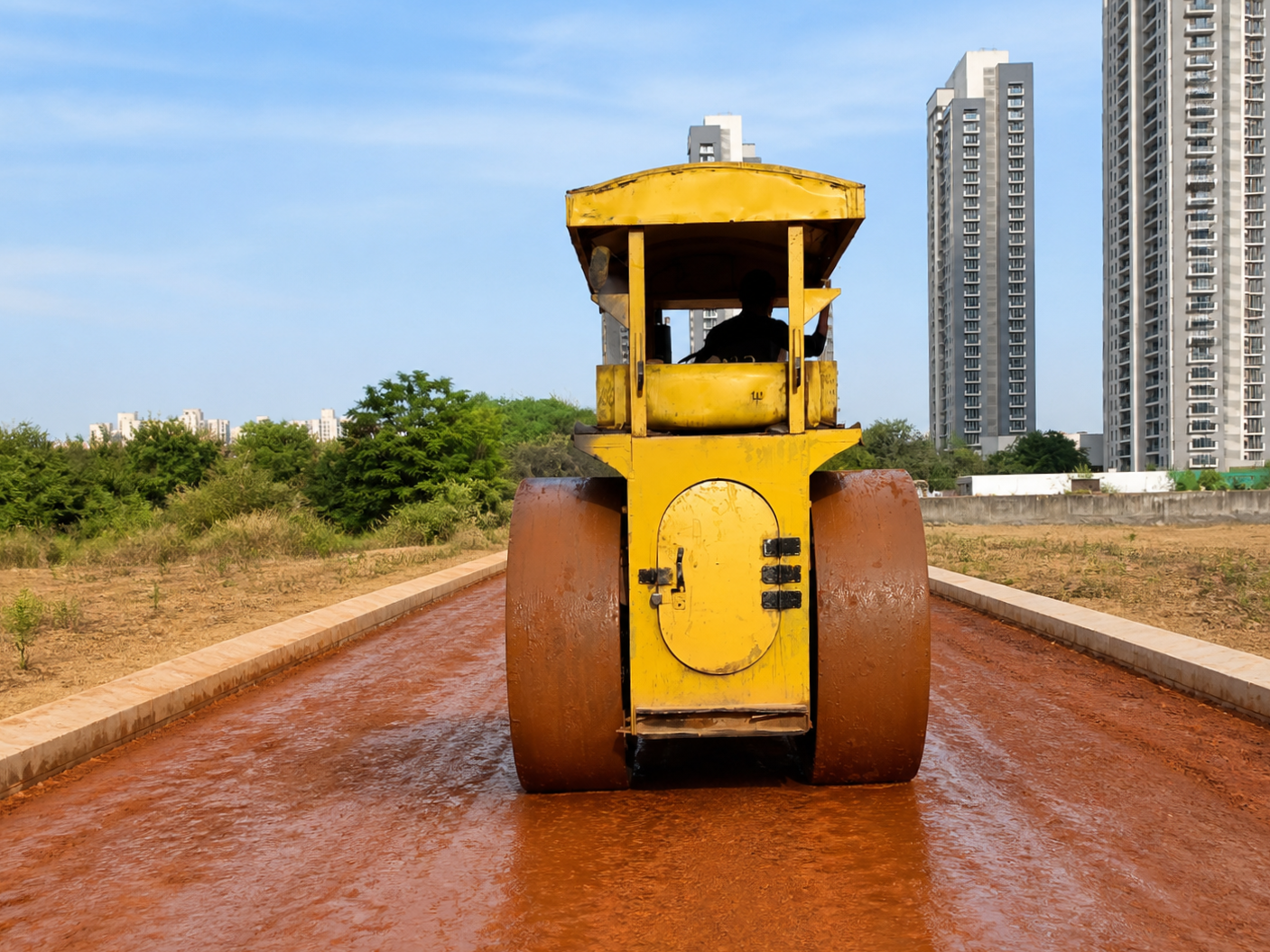 Road roller compacting the sub-base of an internal township road