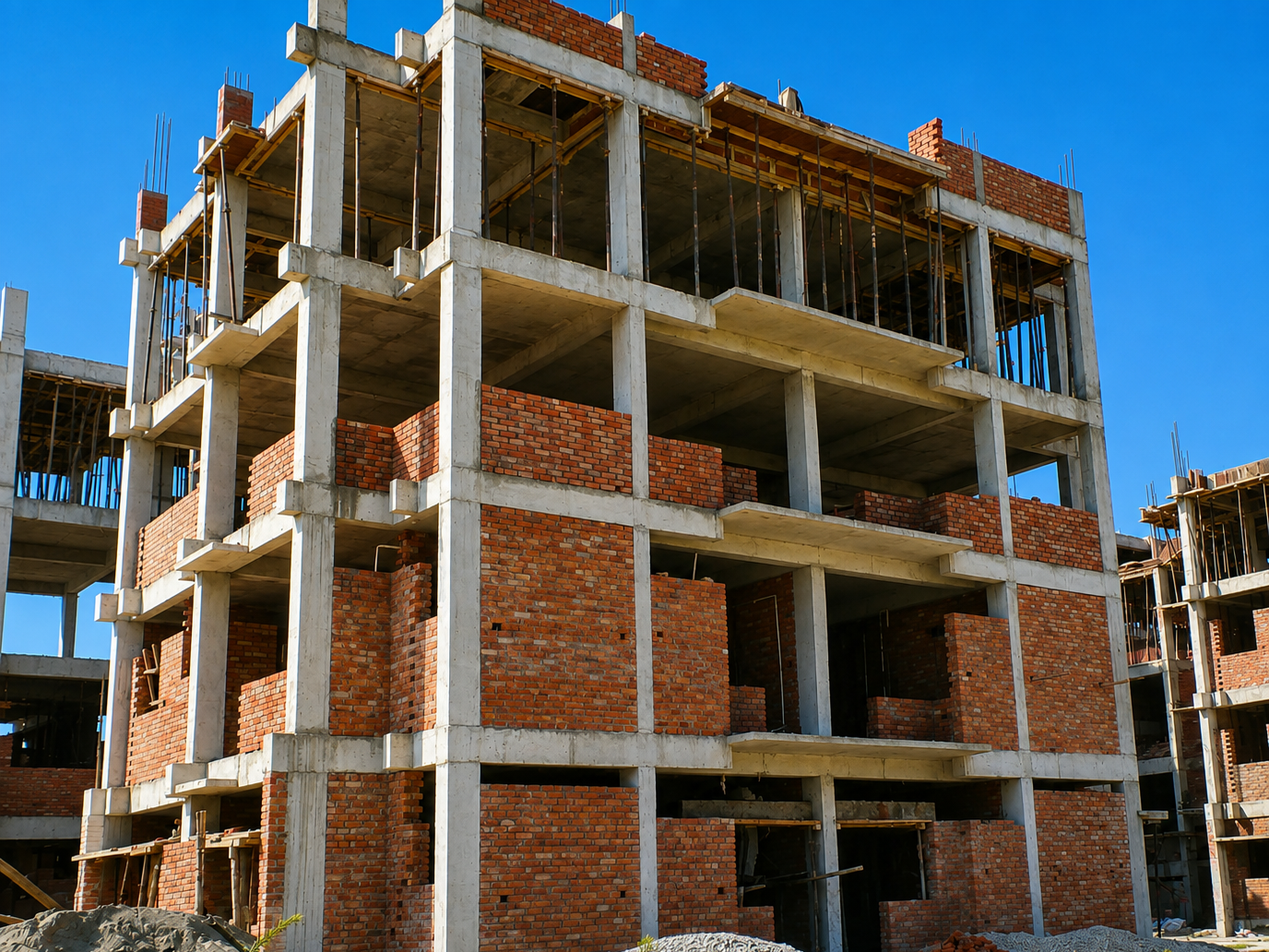 RCC frame and brick masonry of the residential block under construction