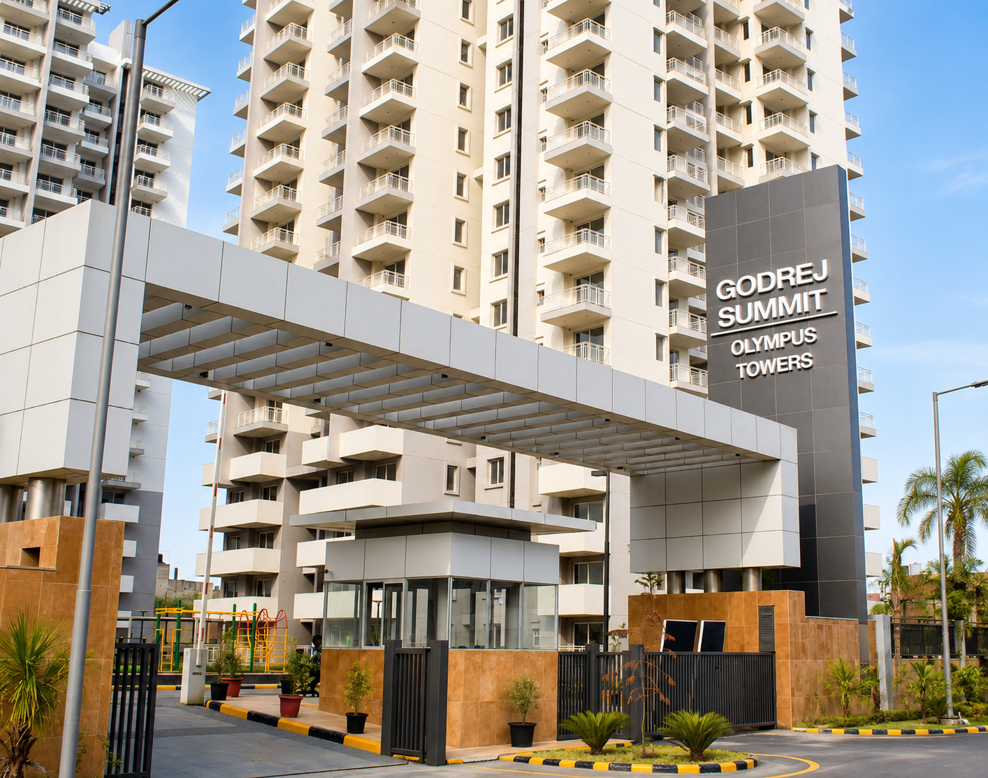 Entrance plaza, gate and drop-off canopy at Godrej Summit