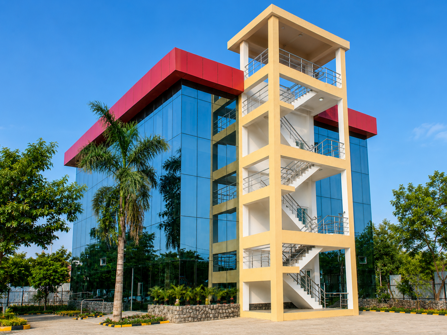 Completed glazed office block with external staircase tower