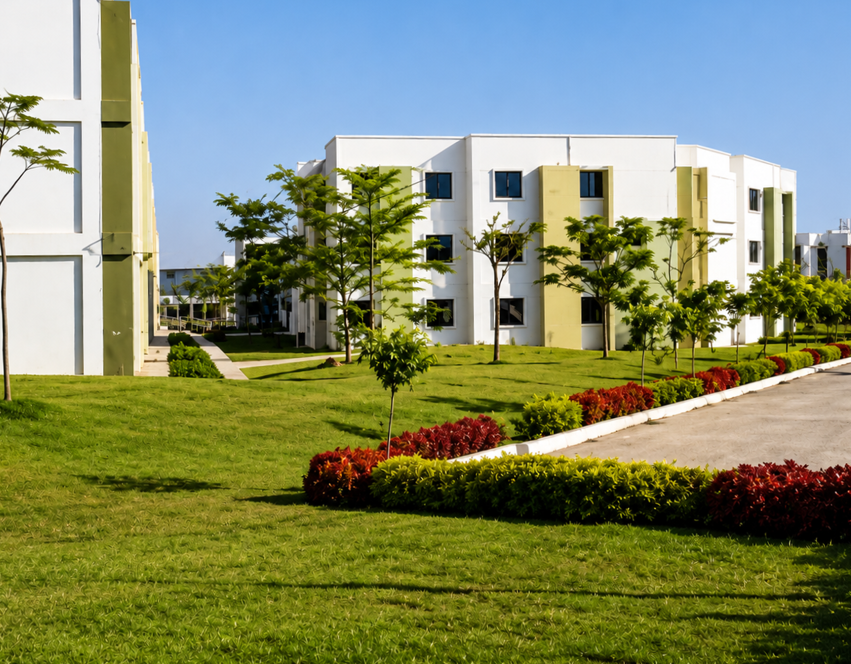 Completed residential blocks with landscaped lawns and paved pathways at Tata New Haven