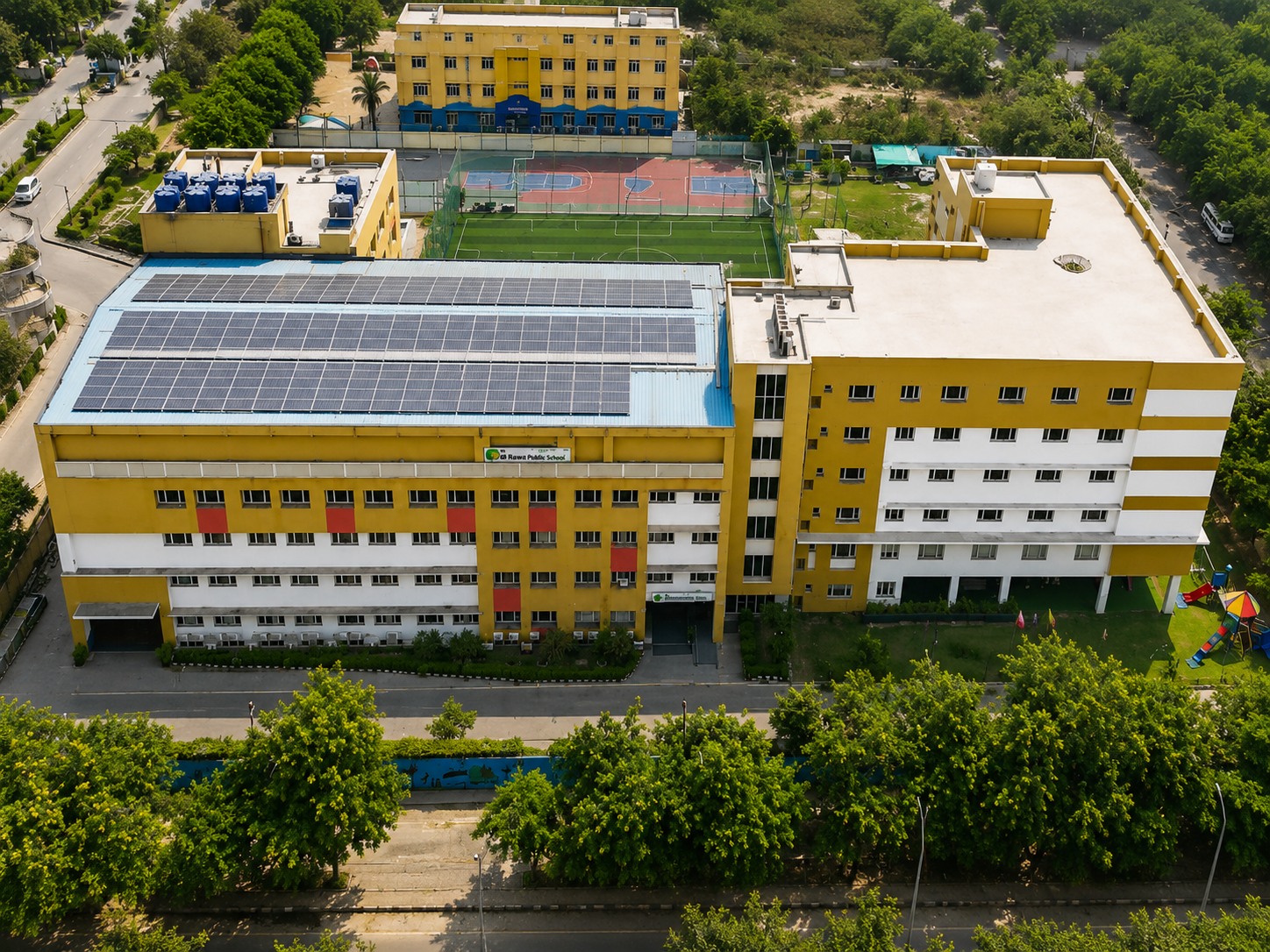 Aerial view of the completed Millenium School campus in Noida