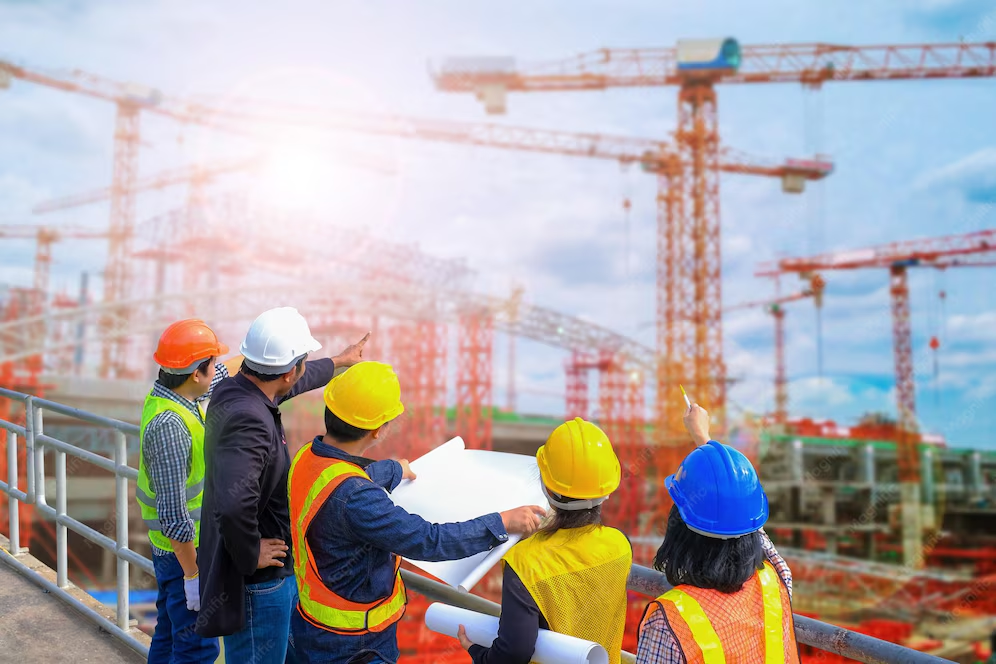 Engineering team reviewing construction plans on a live site with tower cranes in the background