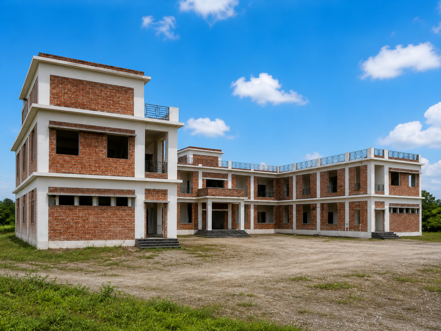 Exterior view of the completed Degree College building in Haridwar with brick and concrete framing