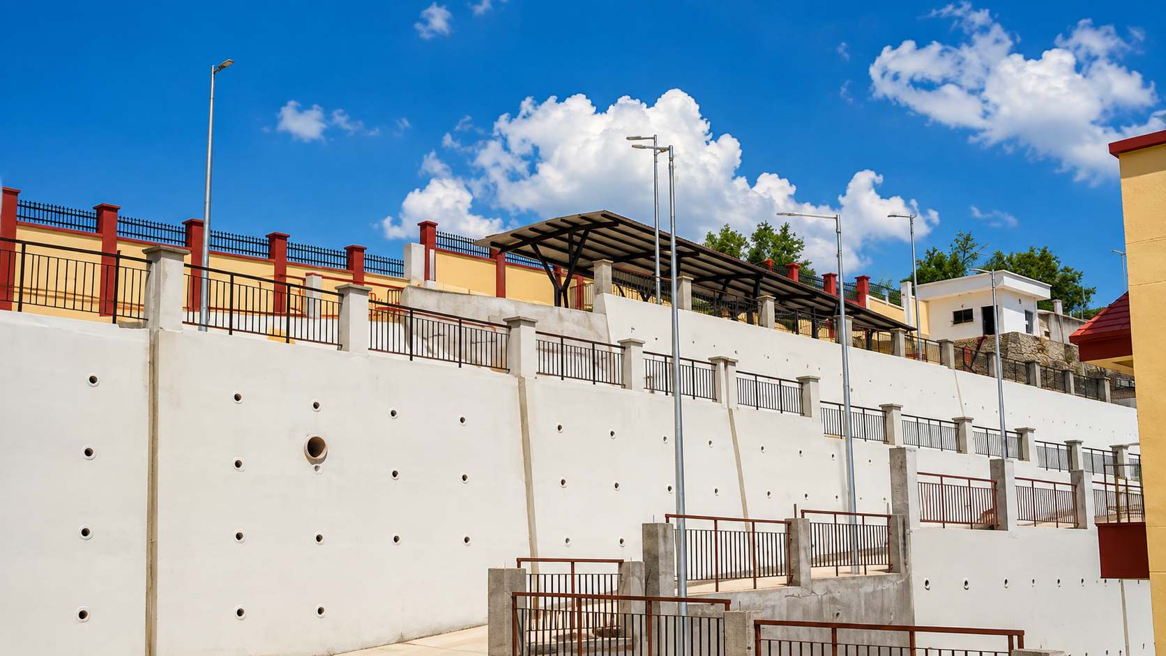 Retaining wall under construction on sloping ground at the Lohaghat site