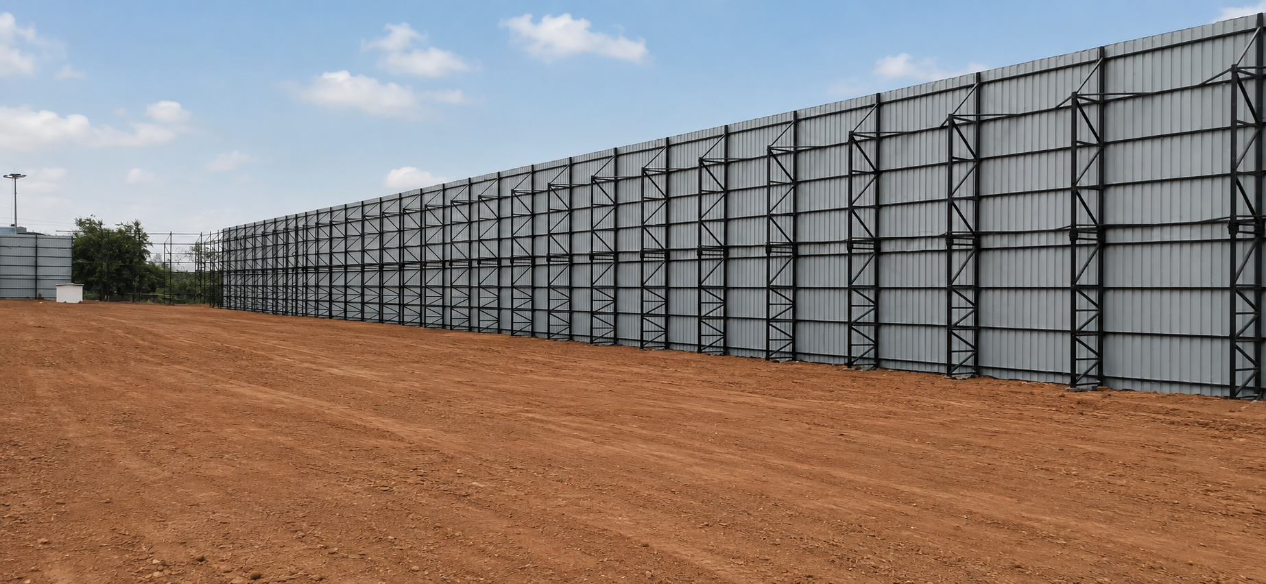 Steel-framed barricading structure running along the site perimeter