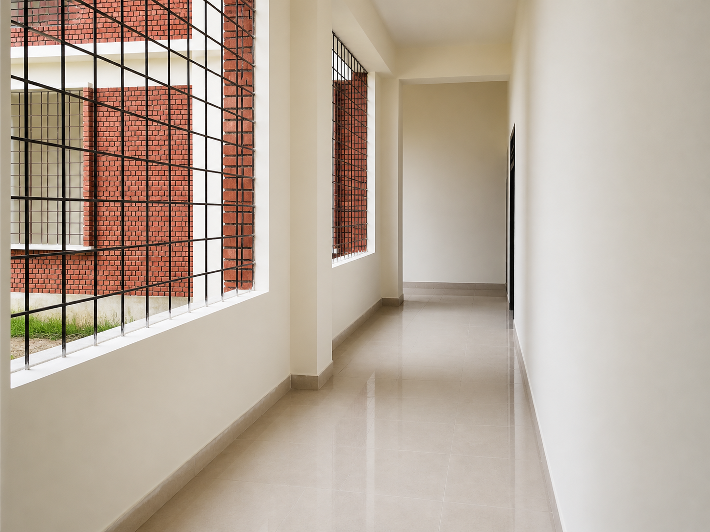 Finished internal corridor with tiled flooring and grilled windows