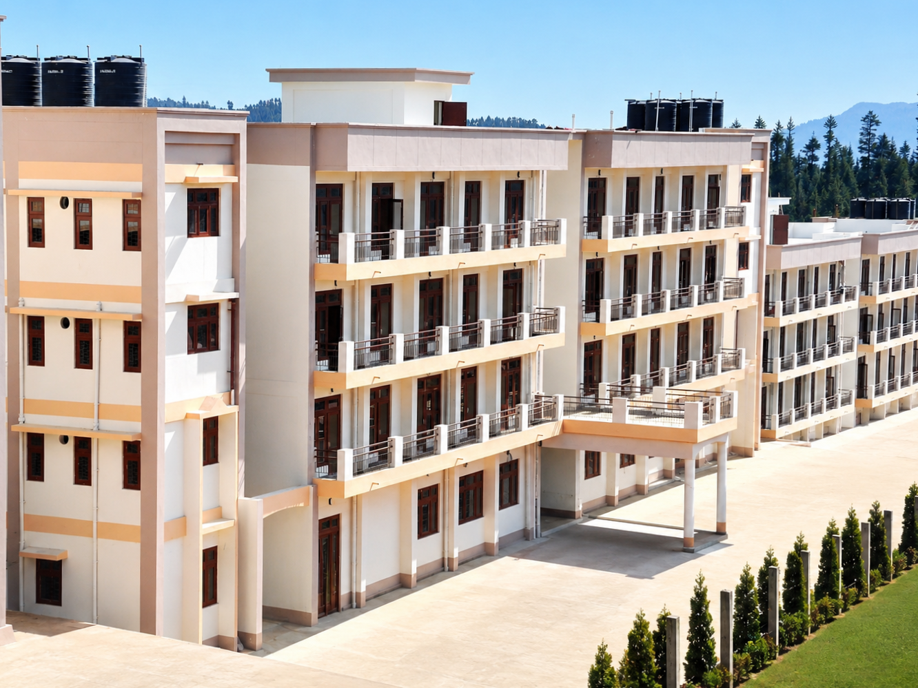Four-storey barrack building elevation with balconies and external corridor