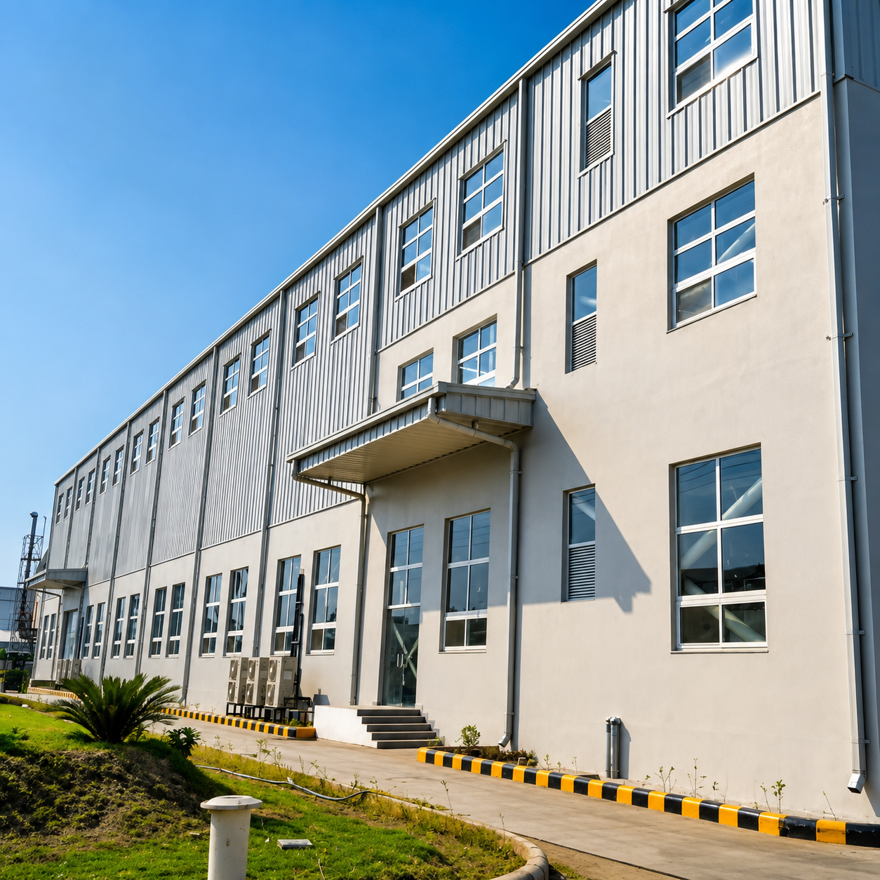 Ground, mezzanine and first-floor industrial building facade