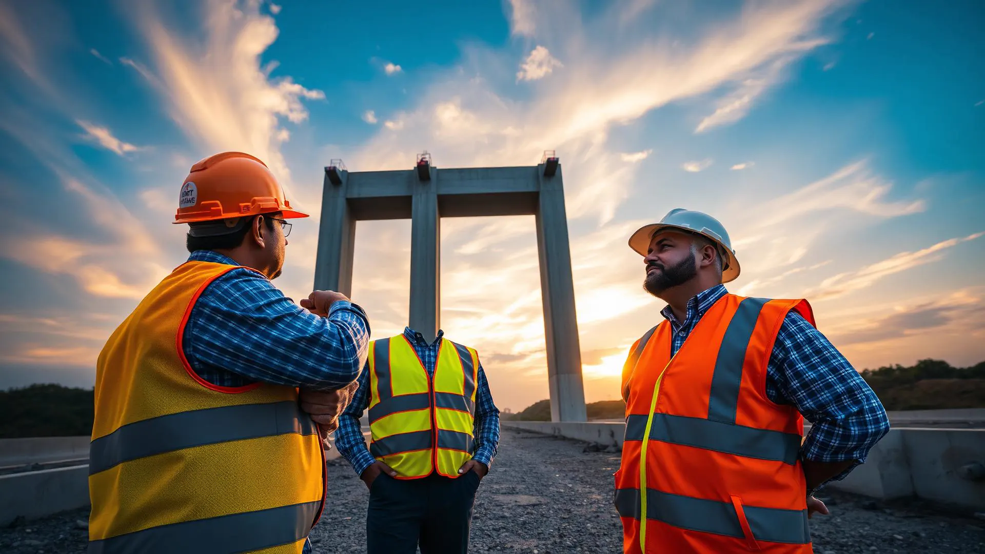 Engineers in hard hats inspecting a completed concrete bridge structure at golden hour