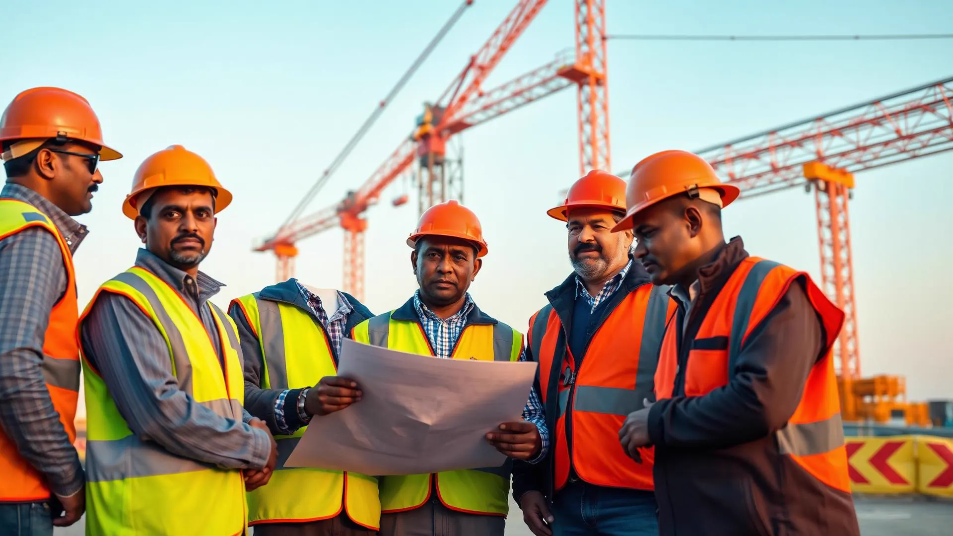 Engineers, project managers and site supervisors reviewing drawings together on an active construction site