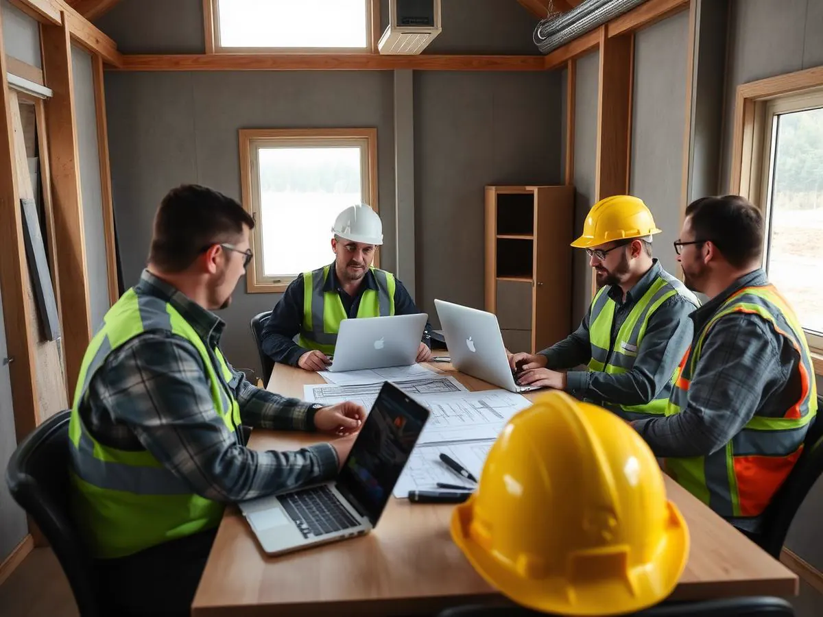 Project team meeting in a site office with drawings and laptops