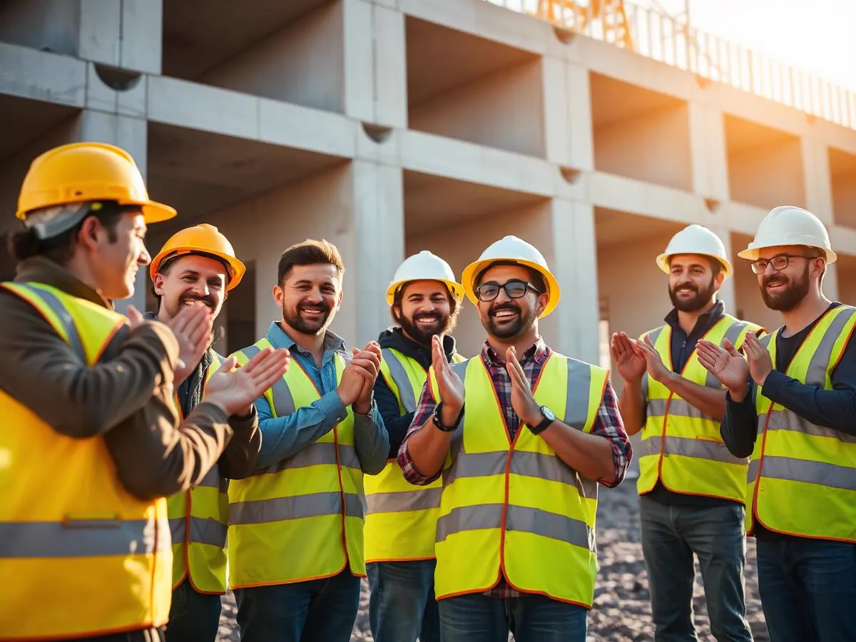 Site team celebrating a project milestone in front of a completed structure