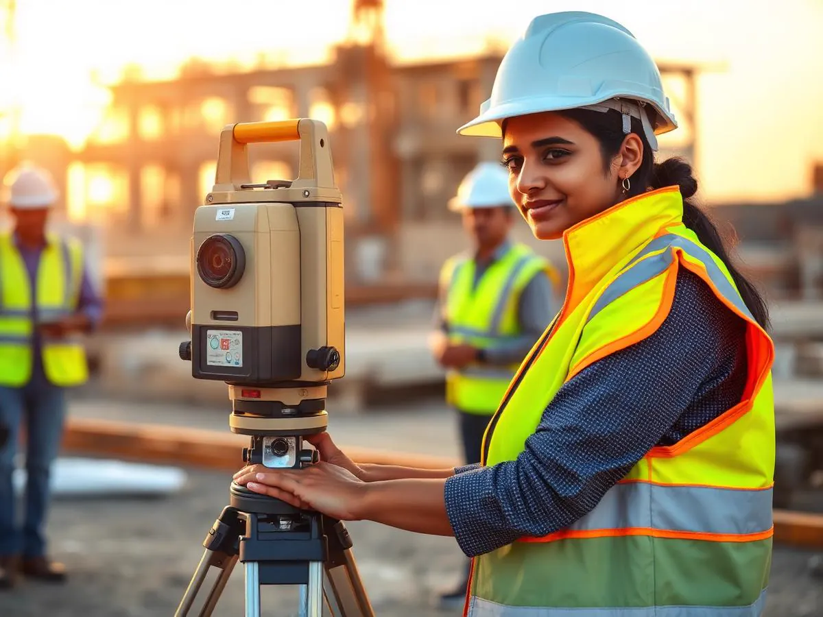 Site engineer setting up a total station survey instrument at sunrise