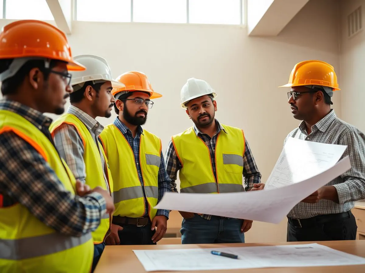 Site engineers reviewing technical drawings with a senior colleague