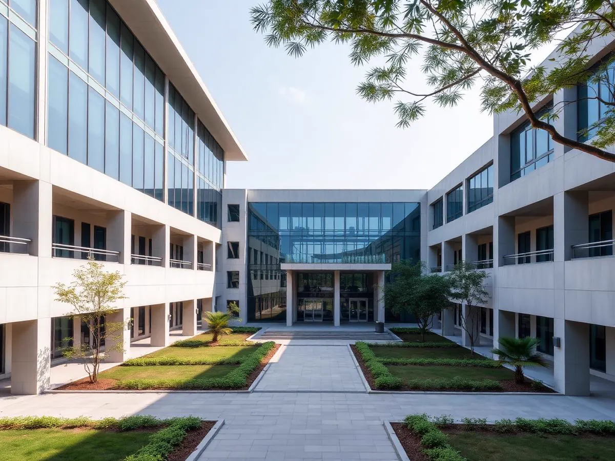 Government administrative building with formal facade and landscaped grounds
