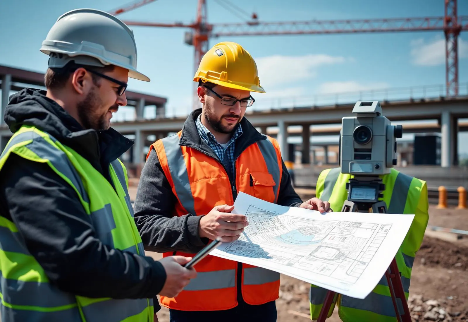 Engineers reviewing digital project plans on a construction site