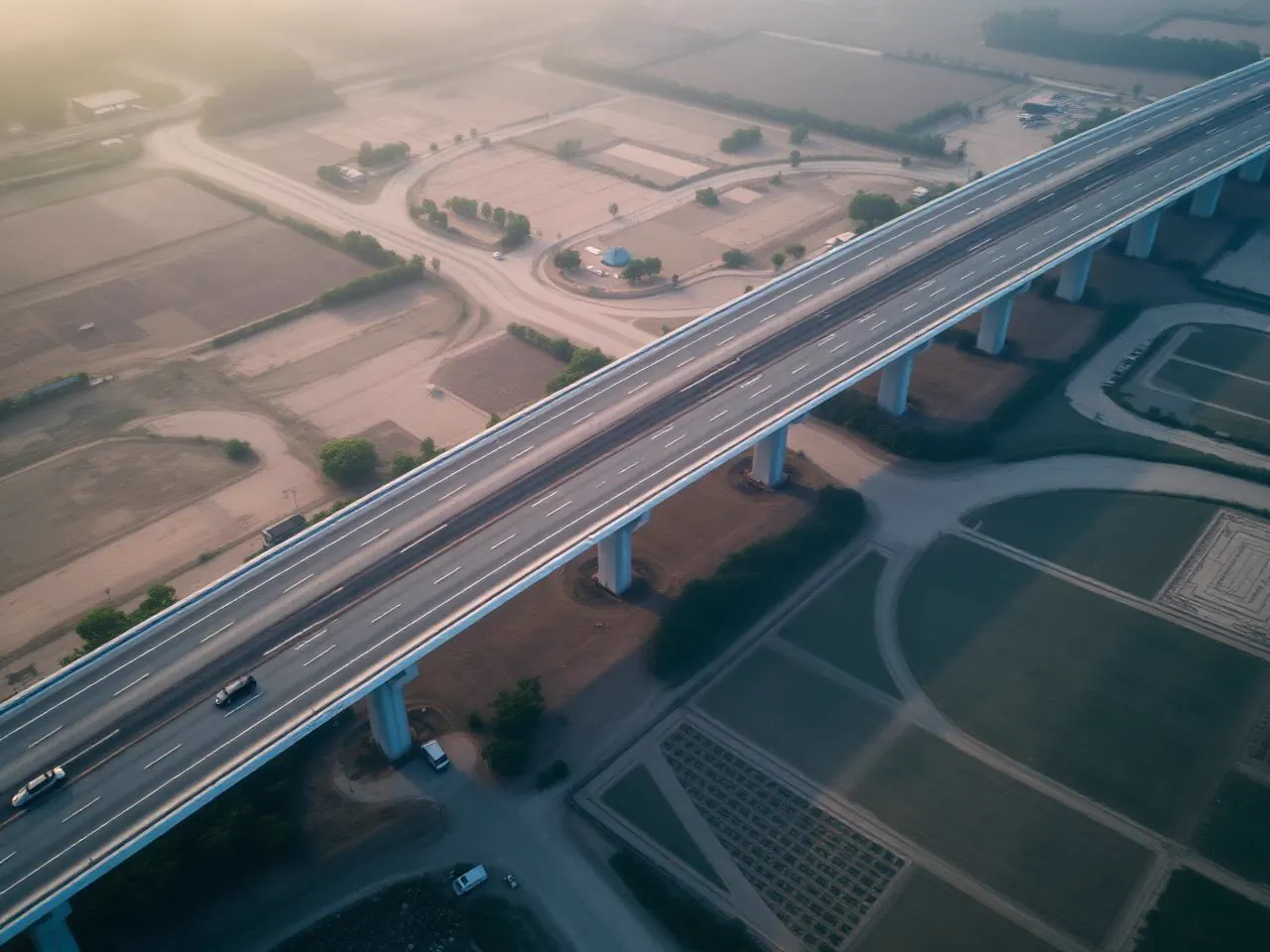 Aerial view of a four-lane elevated highway corridor at sunrise