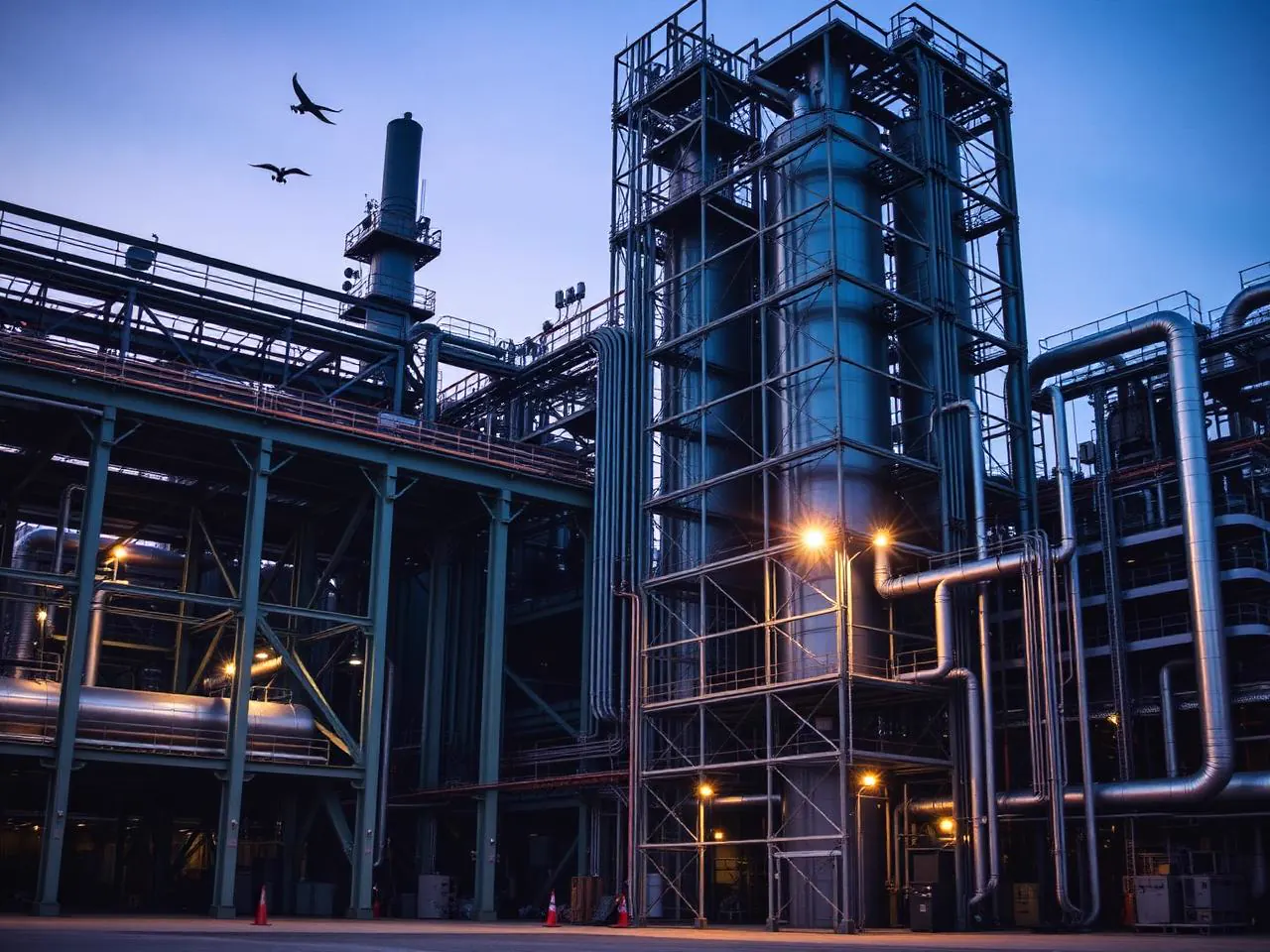 Industrial process plant with steel framing illuminated at dusk