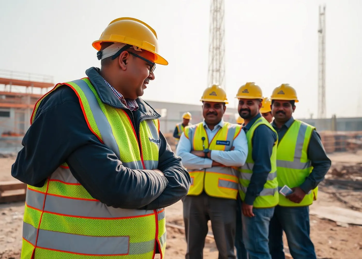 Site supervisor delivering a toolbox safety briefing to construction workers