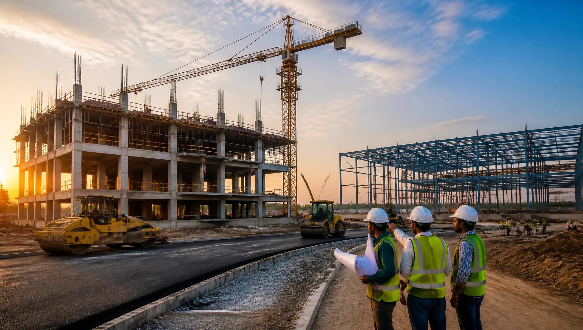 Active construction site with a concrete frame, steel industrial shed and a road under construction at sunrise