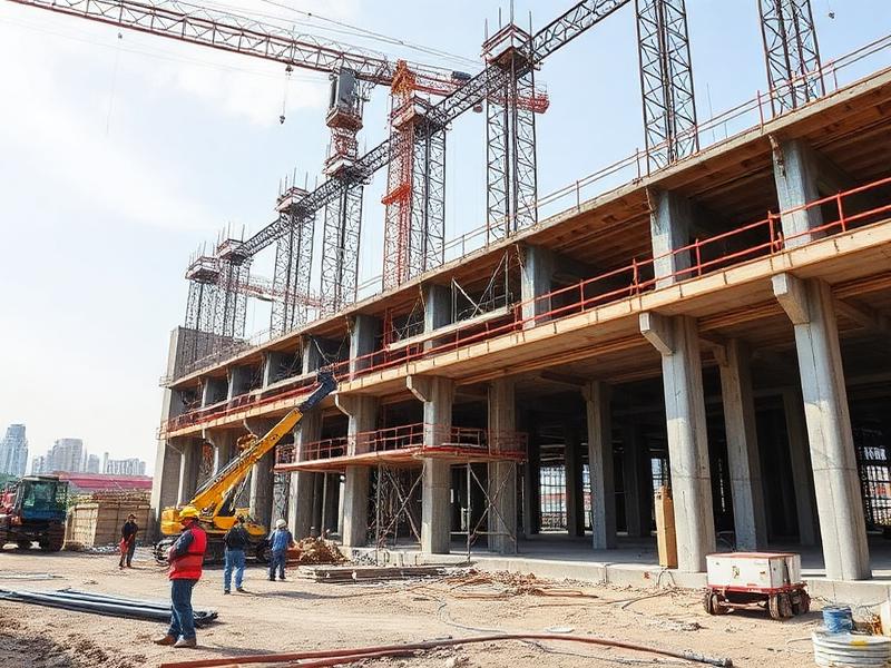 Civil construction site with concrete frame and cranes