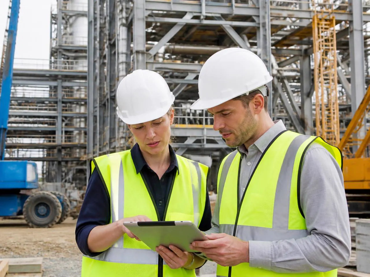 Engineers reviewing construction drawings together on site